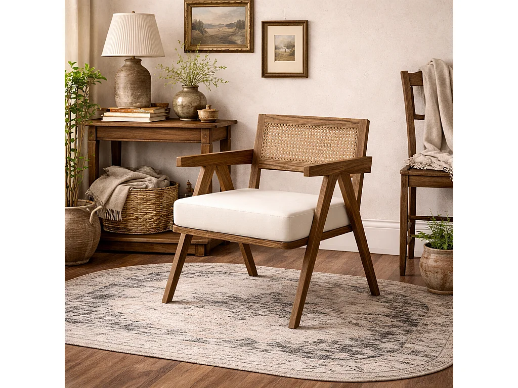 Martone Wooden Rattan Ecru Woven Accent Chair