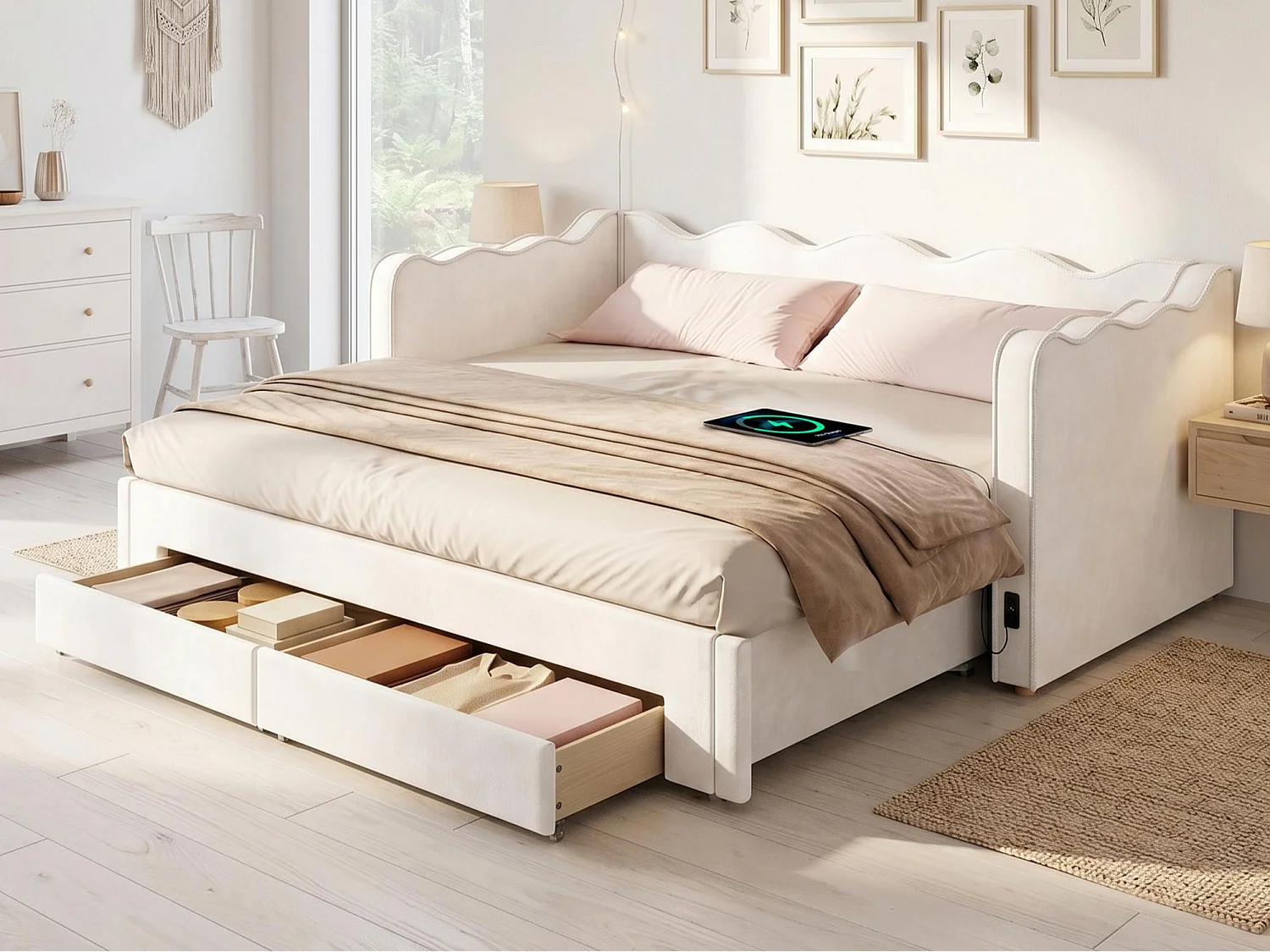 Tufted sofa bed 90x200 cm - with trundle bed and 2 drawers - extendable to 180 cm - USB port - velvet - beige (without mattress)