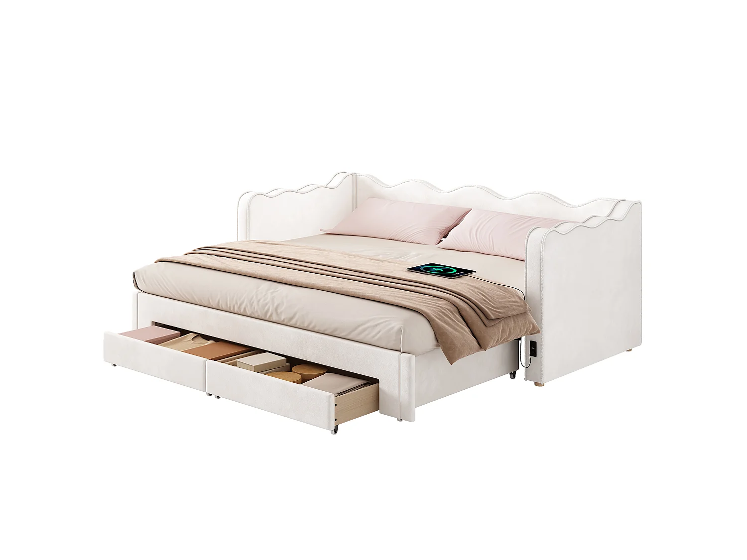 Tufted sofa bed 90x200 cm - with trundle bed and 2 drawers - extendable to 180 cm - USB port - velvet - beige (without mattress)