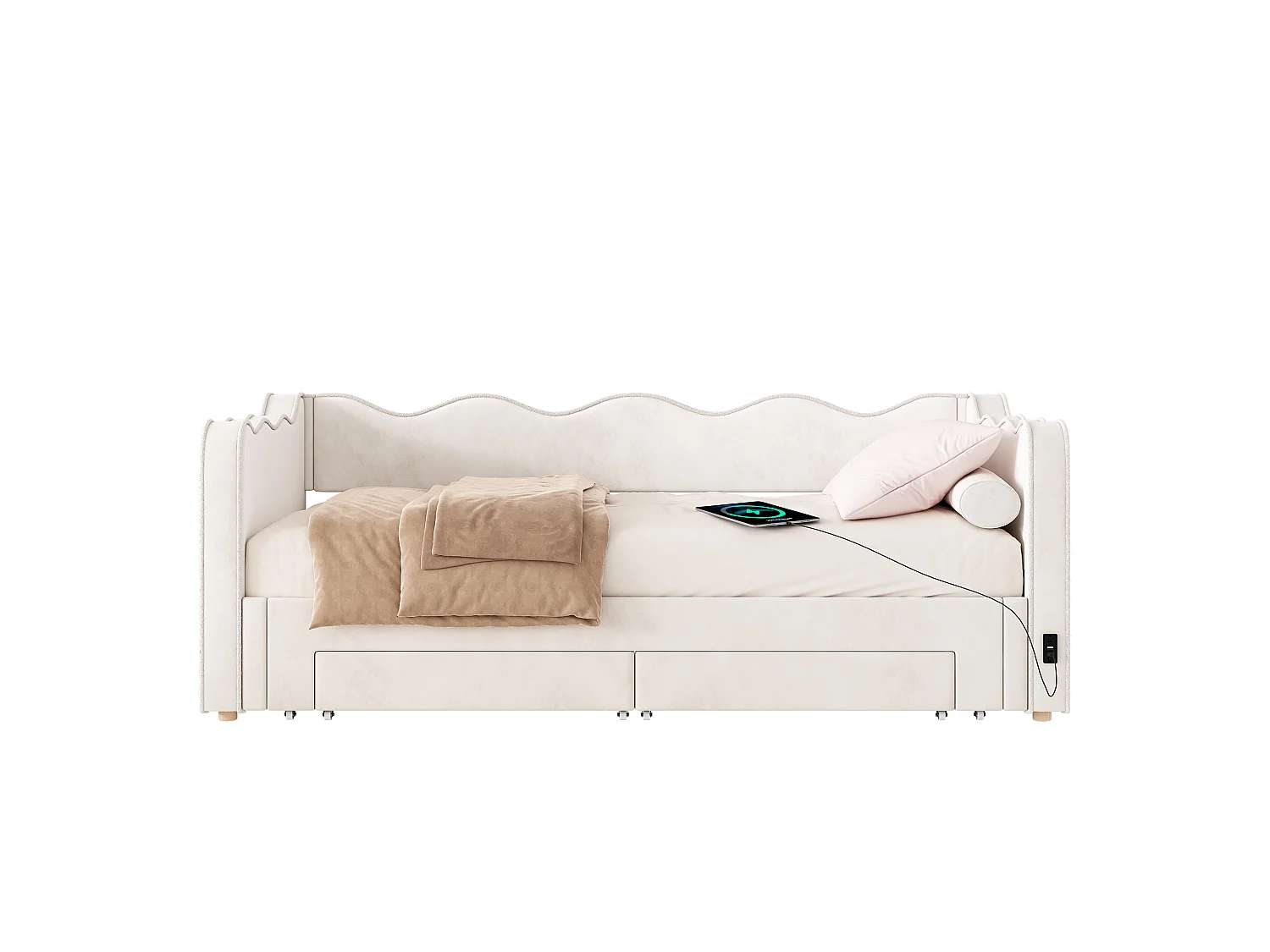 Tufted sofa bed 90x200 cm - with trundle bed and 2 drawers - extendable to 180 cm - USB port - velvet - beige (without mattress)