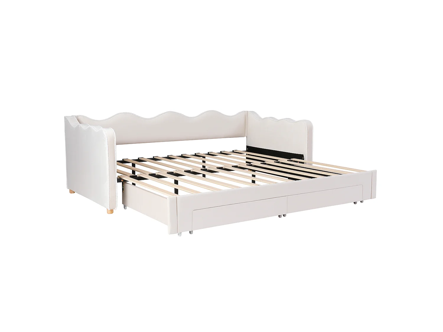 Tufted sofa bed 90x200 cm - with trundle bed and 2 drawers - extendable to 180 cm - USB port - velvet - beige (without mattress)