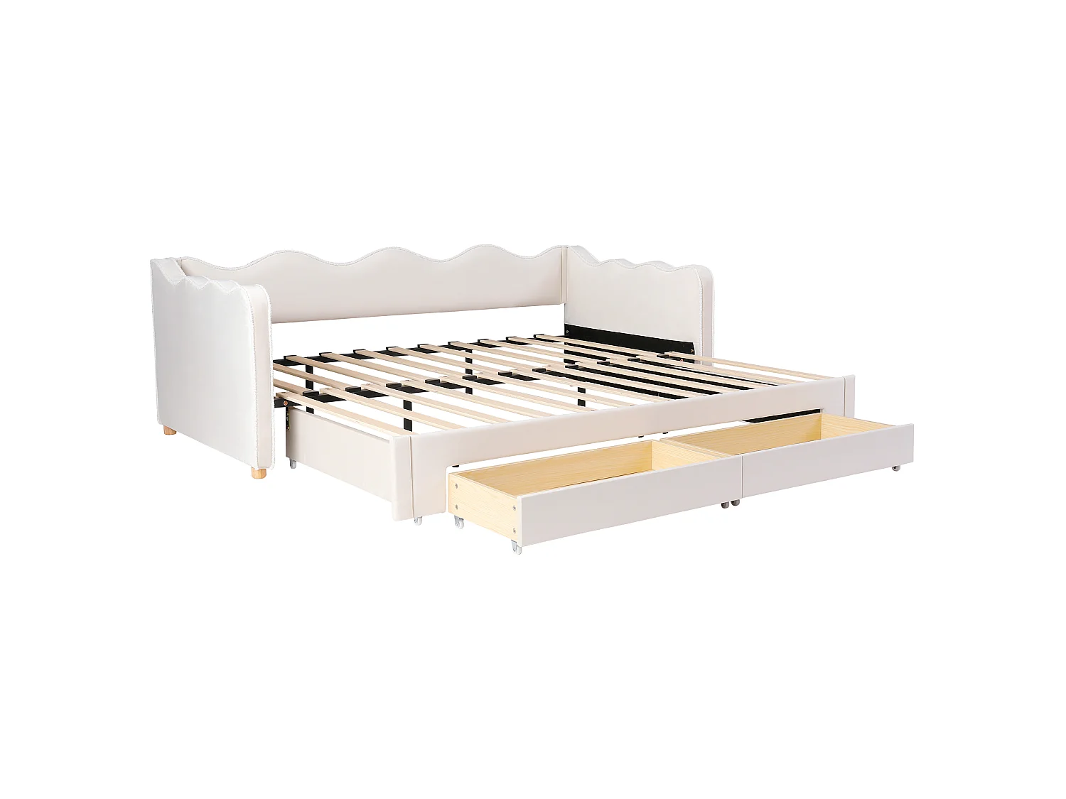 Tufted sofa bed 90x200 cm - with trundle bed and 2 drawers - extendable to 180 cm - USB port - velvet - beige (without mattress)