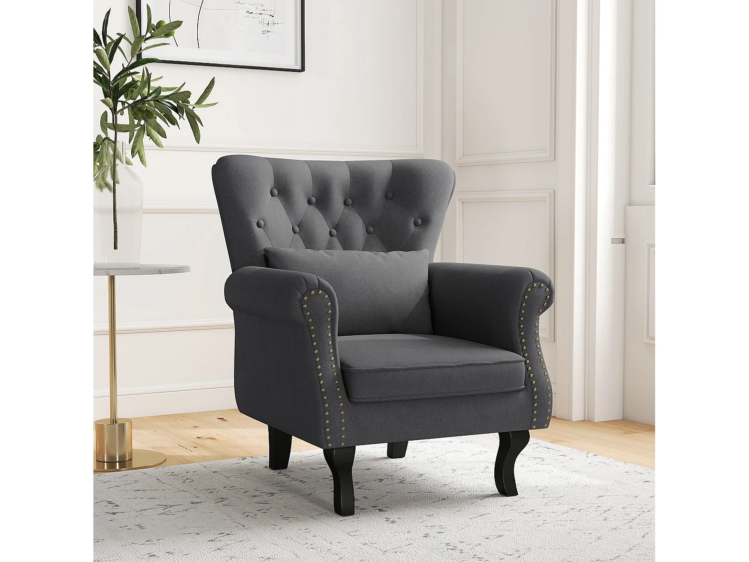 Rolu Zimo Dark Grey Chesterfield Accent Chair with Nailhead Trim