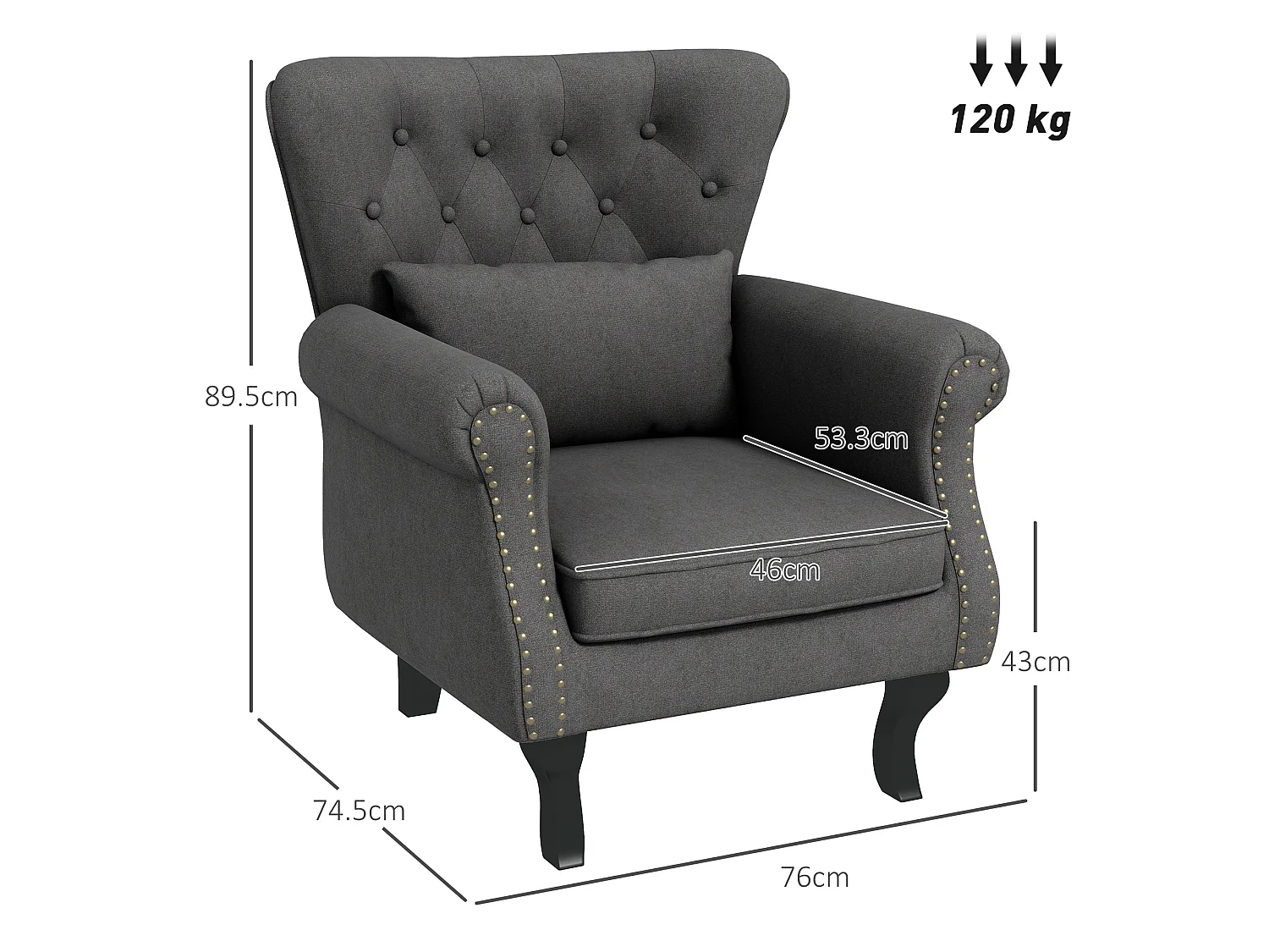 Rolu Zimo Dark Grey Chesterfield Accent Chair with Nailhead Trim