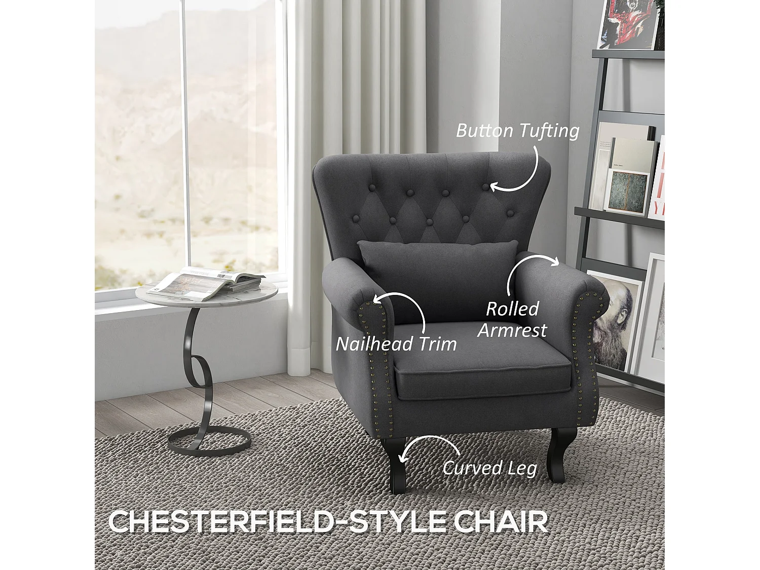 Rolu Zimo Dark Grey Chesterfield Accent Chair with Nailhead Trim