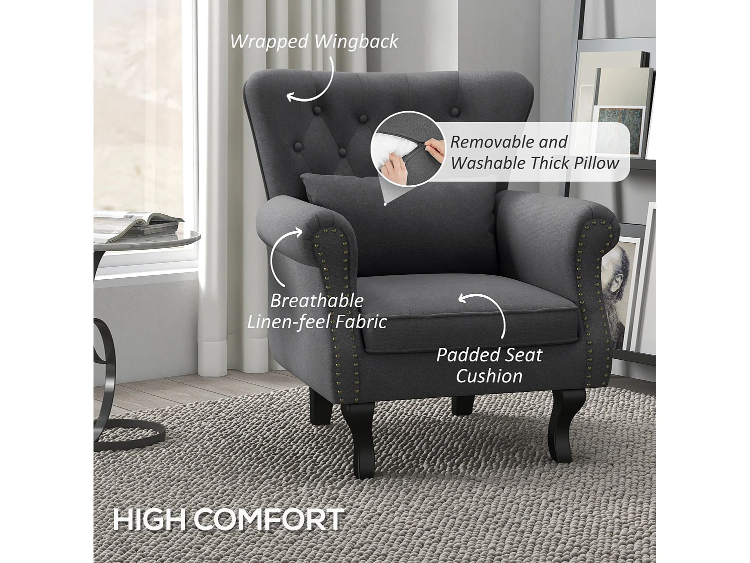 Rolu Zimo Dark Grey Chesterfield Accent Chair with Nailhead Trim
