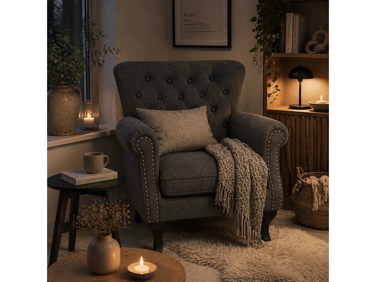 Rolu Zimo Dark Grey Chesterfield Accent Chair with Nailhead Trim