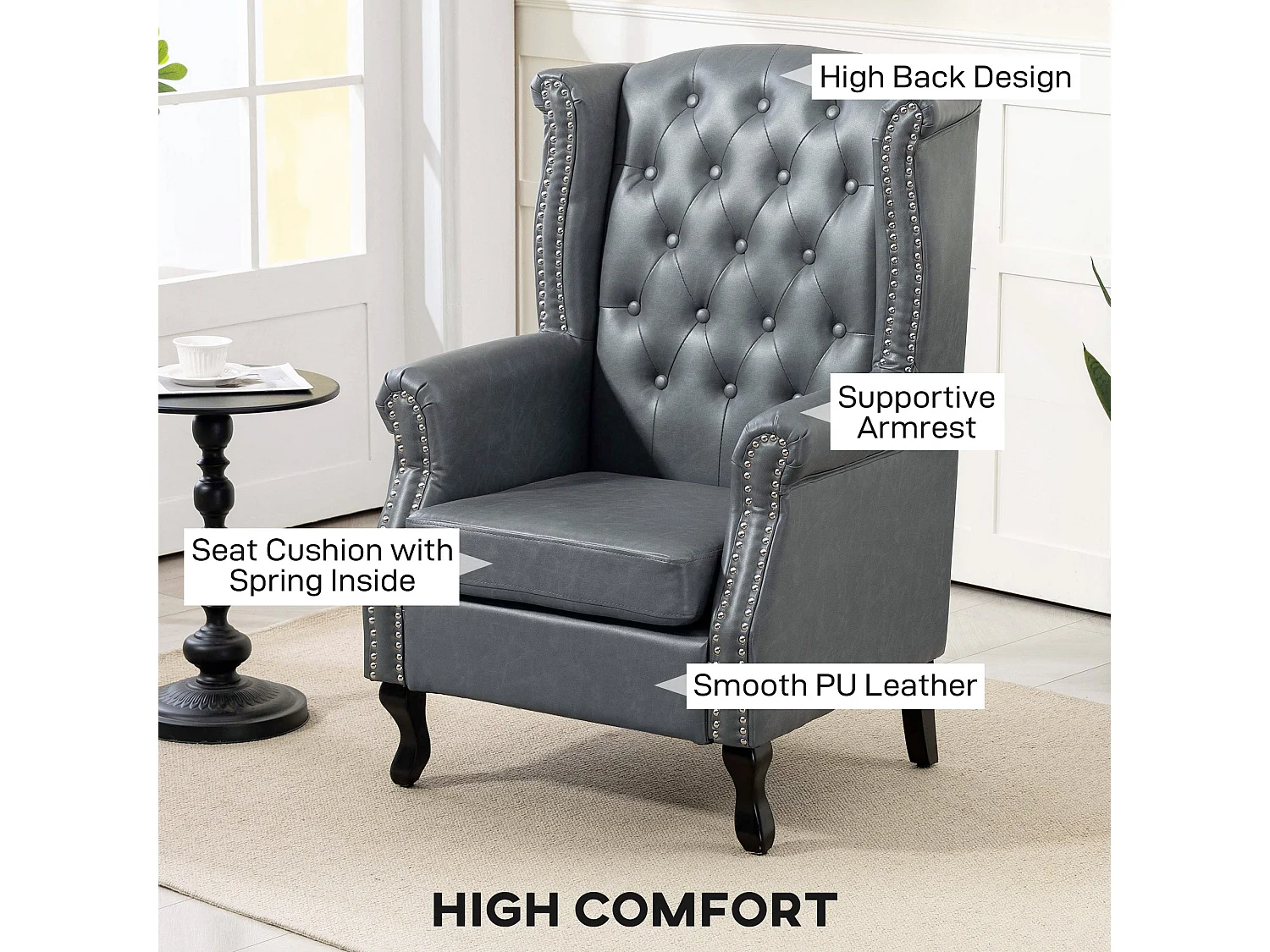 Radima Grey Faux Leather Chesterfield Wingback Accent Armchair with Nailhead Trim