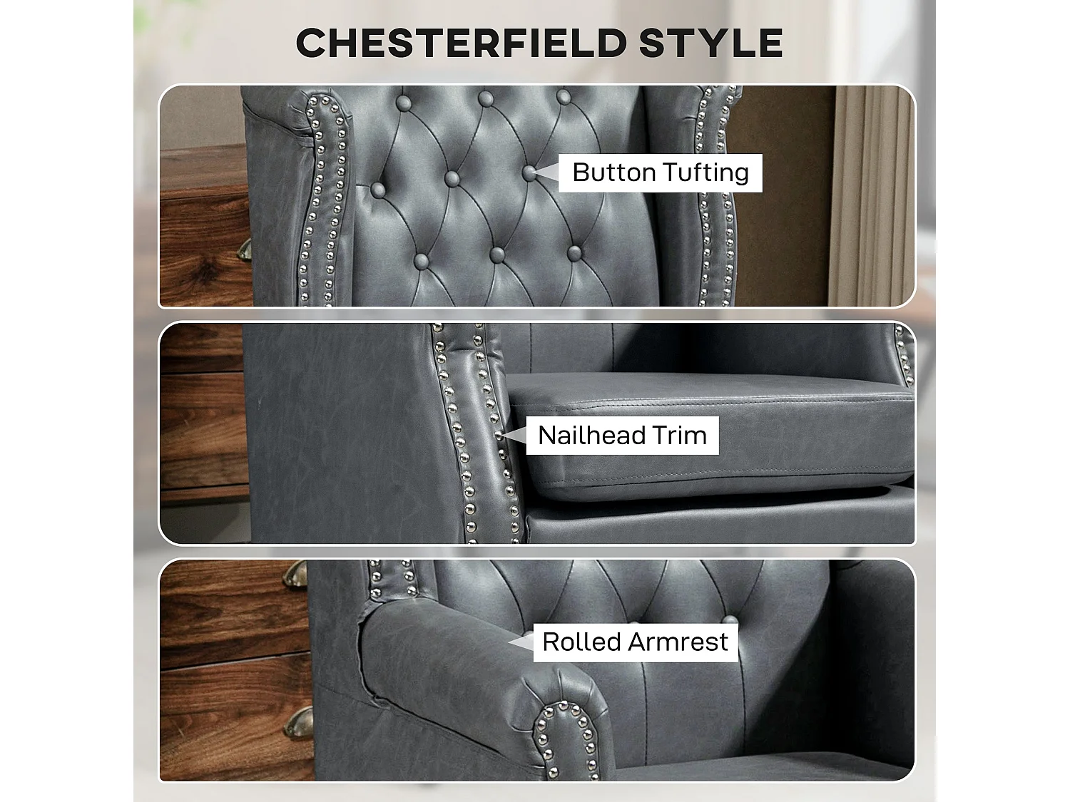 Radima Grey Faux Leather Chesterfield Wingback Accent Armchair with Nailhead Trim