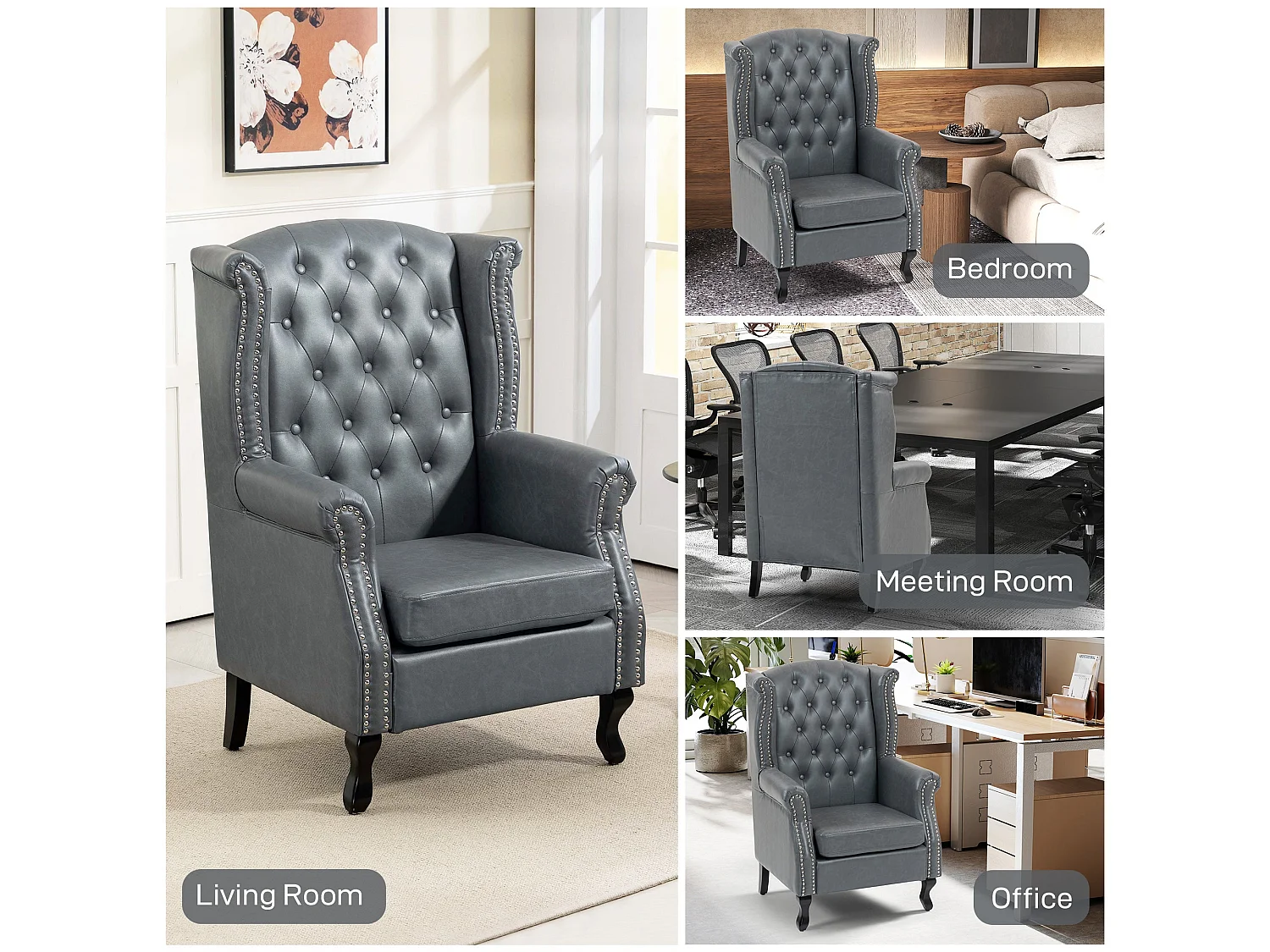Radima Grey Faux Leather Chesterfield Wingback Accent Armchair with Nailhead Trim