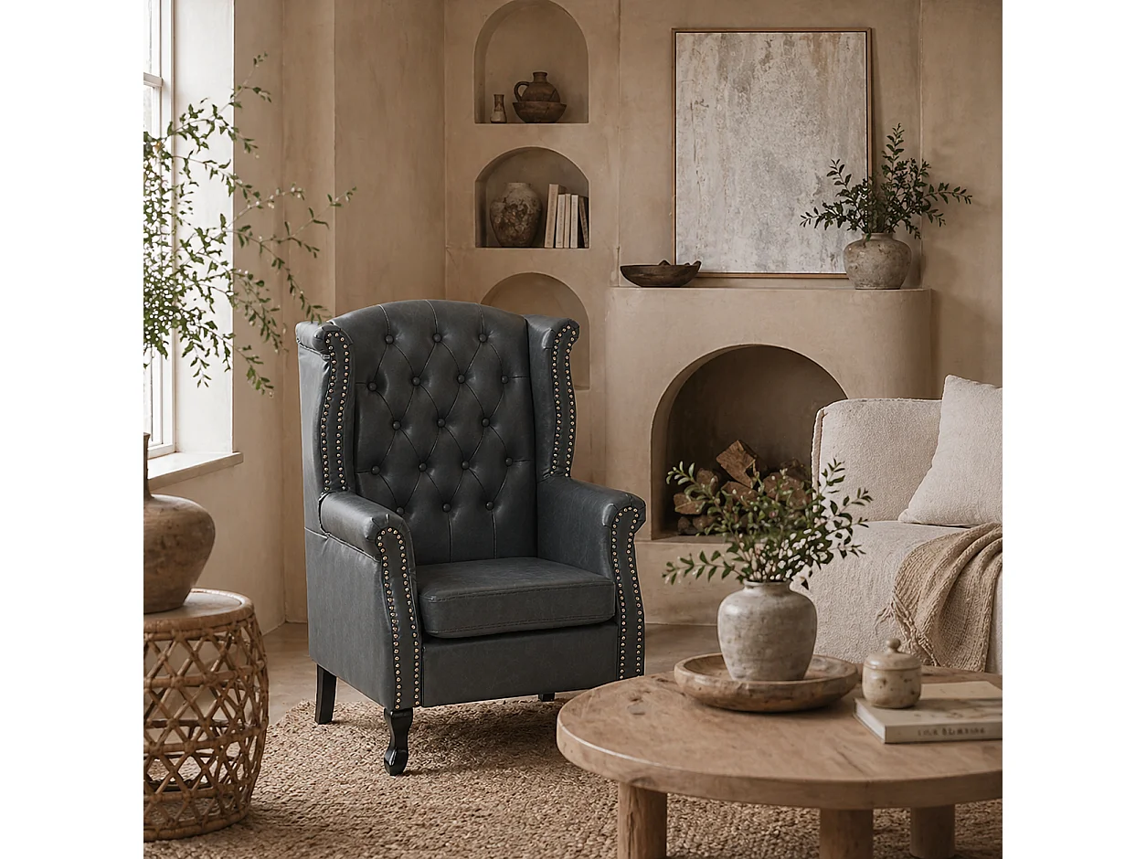 Radima Grey Faux Leather Chesterfield Wingback Accent Armchair with Nailhead Trim