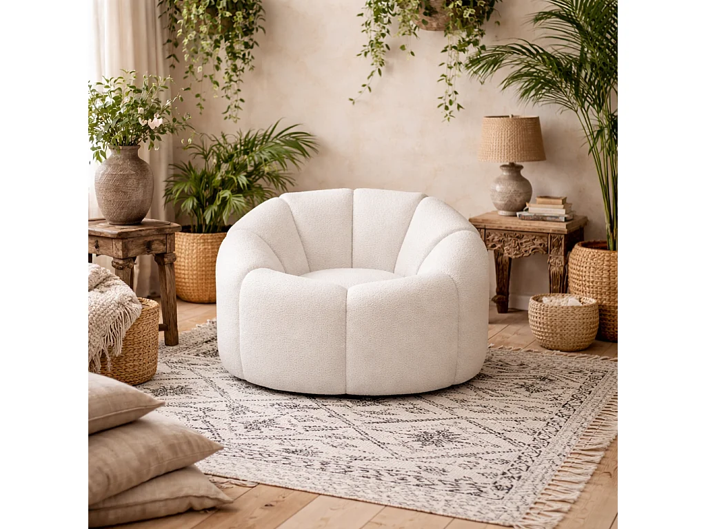 Juniper Retro Upholstered Ivory Boucle Swivel Armchair