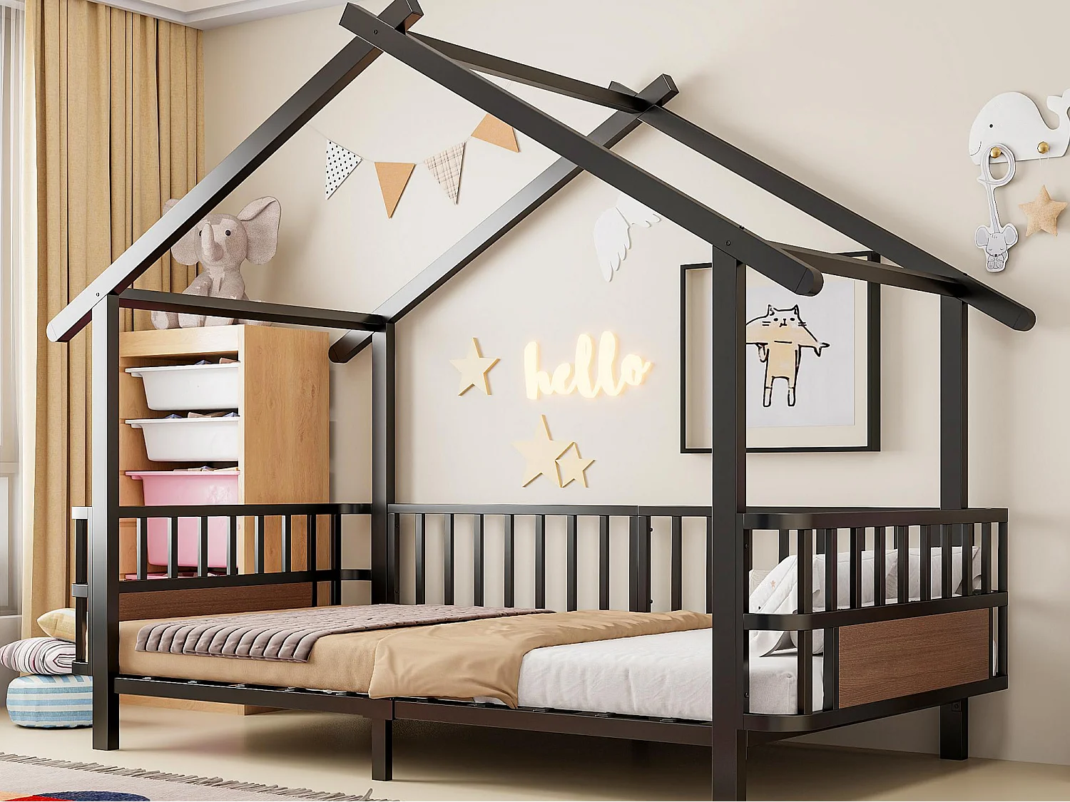 Lit cabane en métal 90x 200 cm - avec barrières de sécurité - noir (matelas non inclus)