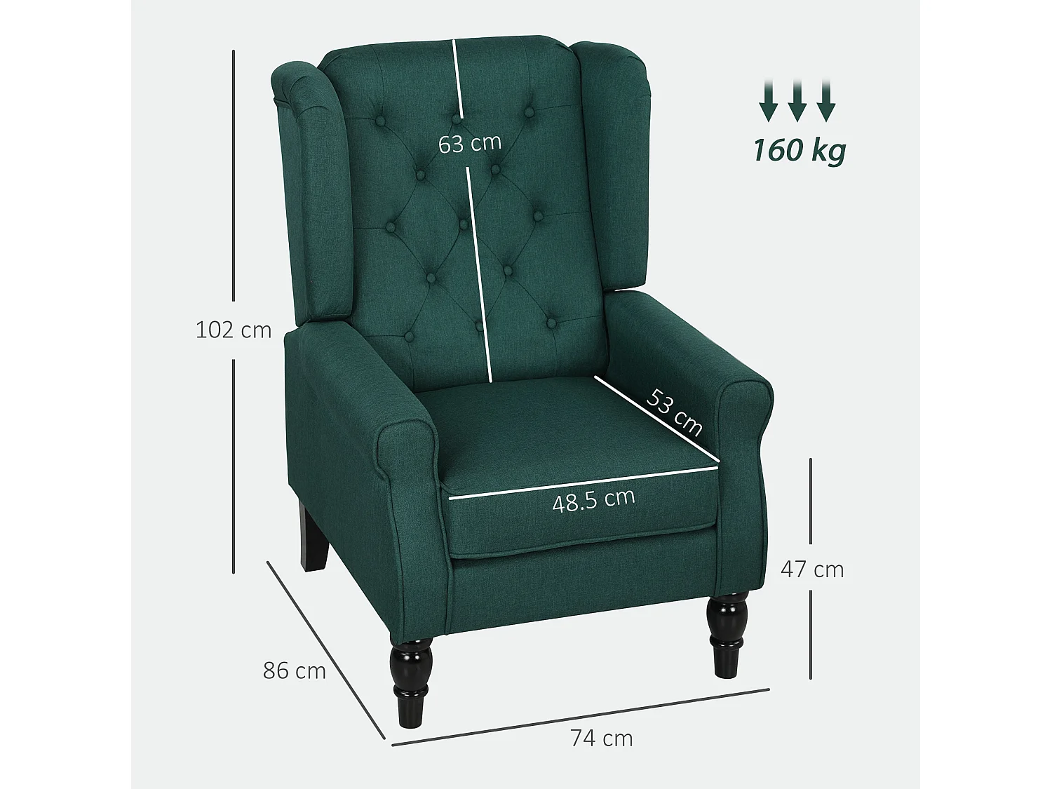 Redi Dark Green Retro Wingback Armchair Diamond Button Tufted Linen Look Upholstery