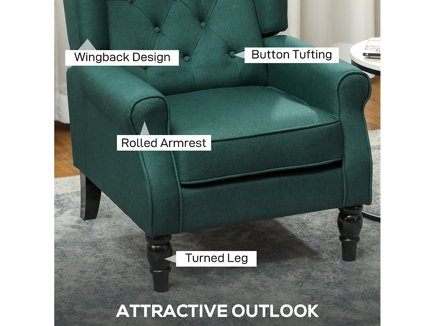 Redi Dark Green Retro Wingback Armchair Diamond Button Tufted Linen Look Upholstery