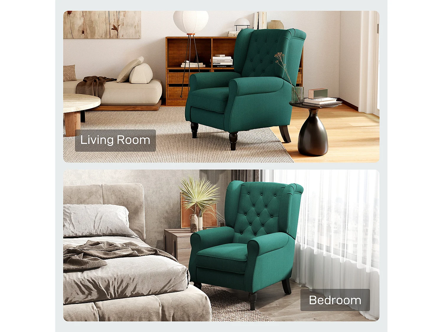 Redi Dark Green Retro Wingback Armchair Diamond Button Tufted Linen Look Upholstery