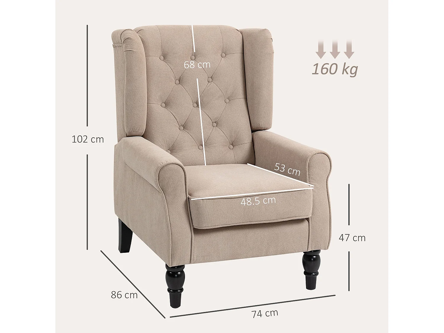 Nobael Beige Retro Wingback Accent Chair Diamond Button Tufted Upholstery