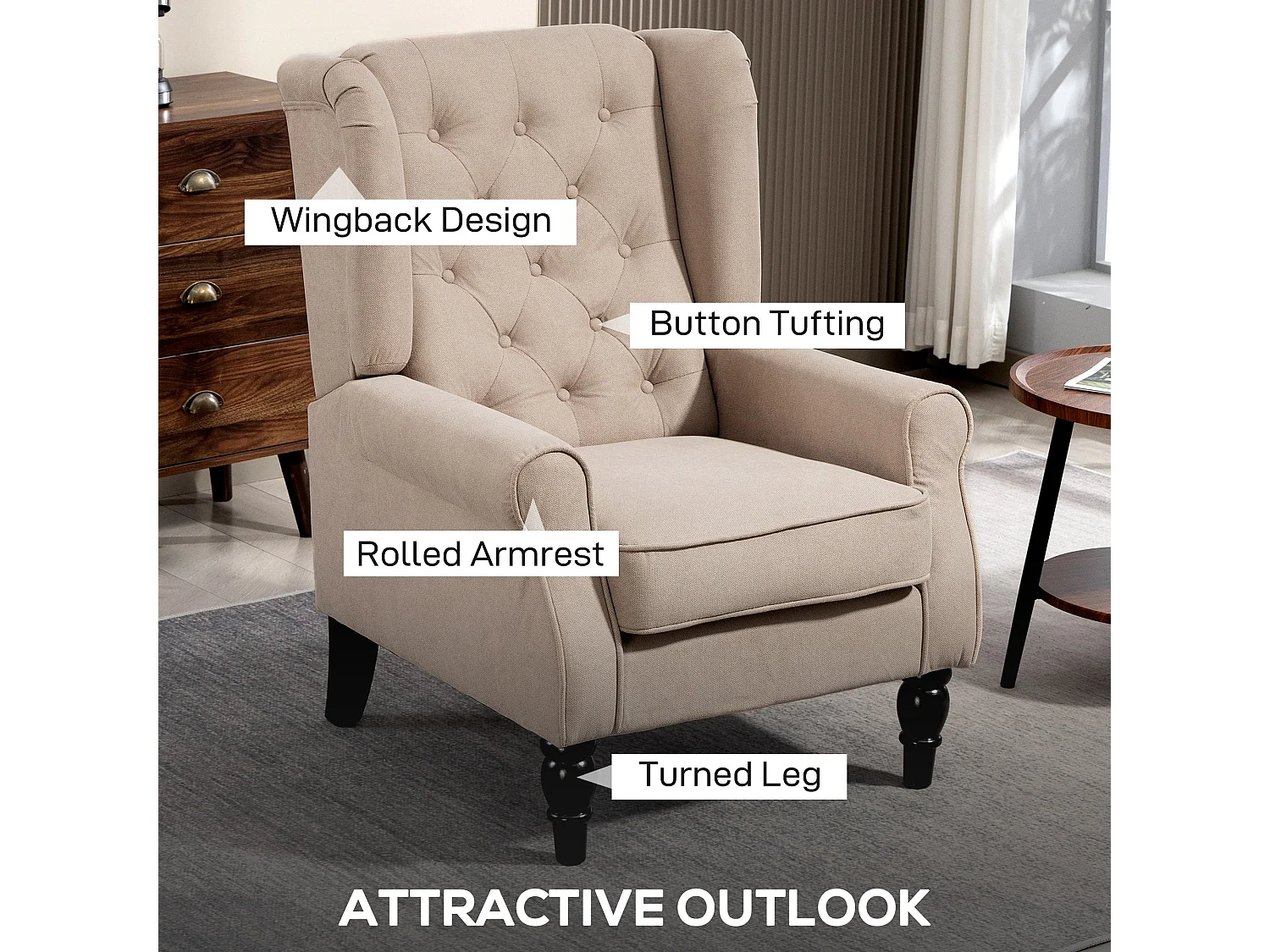 Nobael Beige Retro Wingback Accent Chair Diamond Button Tufted Upholstery