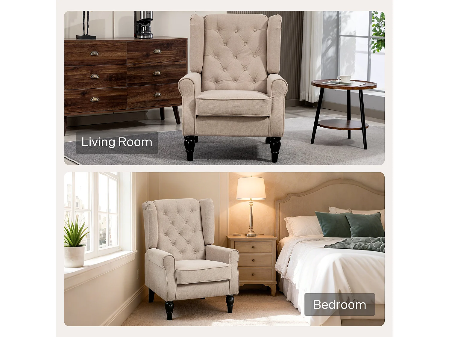 Nobael Beige Retro Wingback Accent Chair Diamond Button Tufted Upholstery