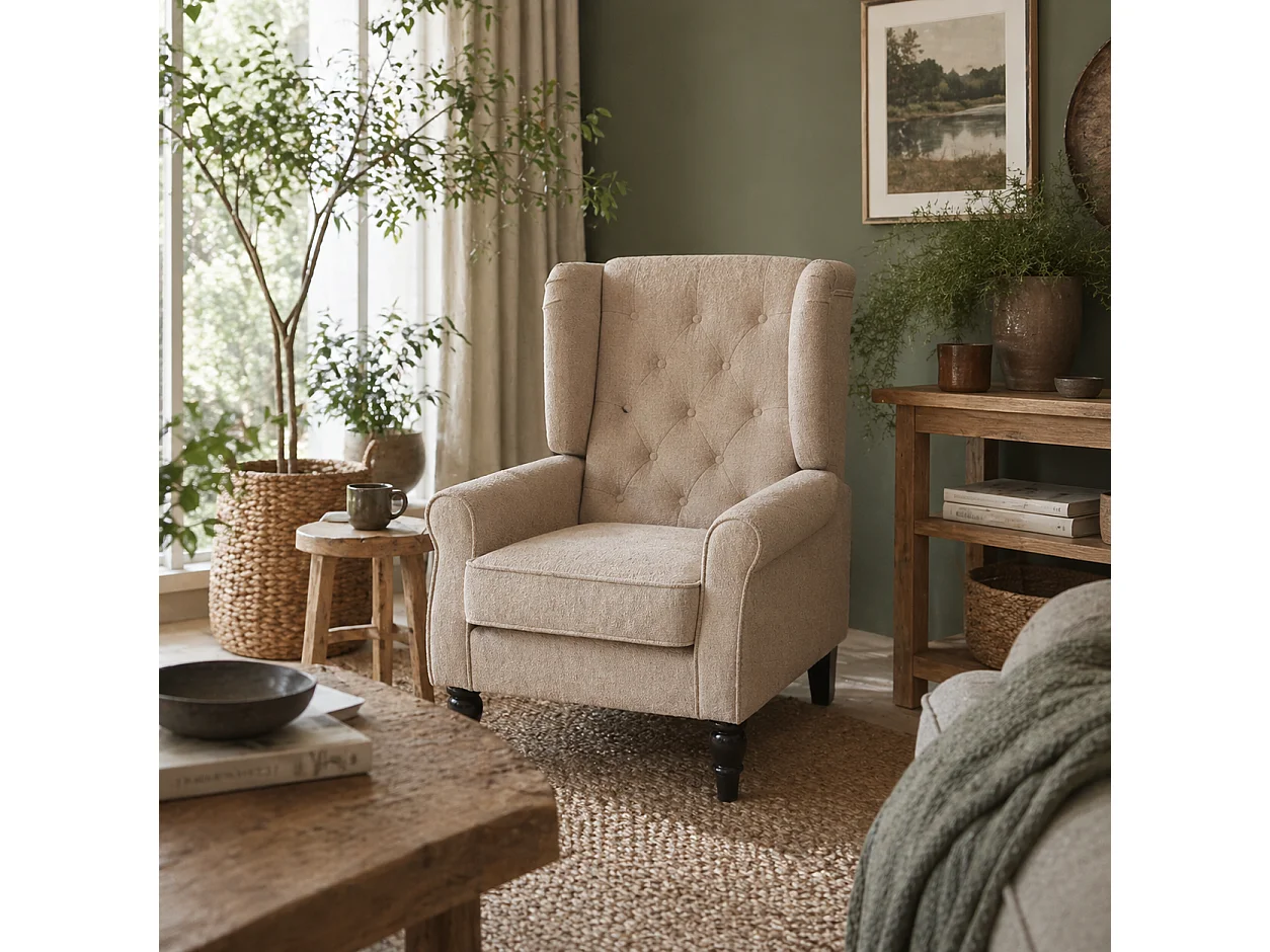 Nobael Beige Retro Wingback Accent Chair Diamond Button Tufted Upholstery