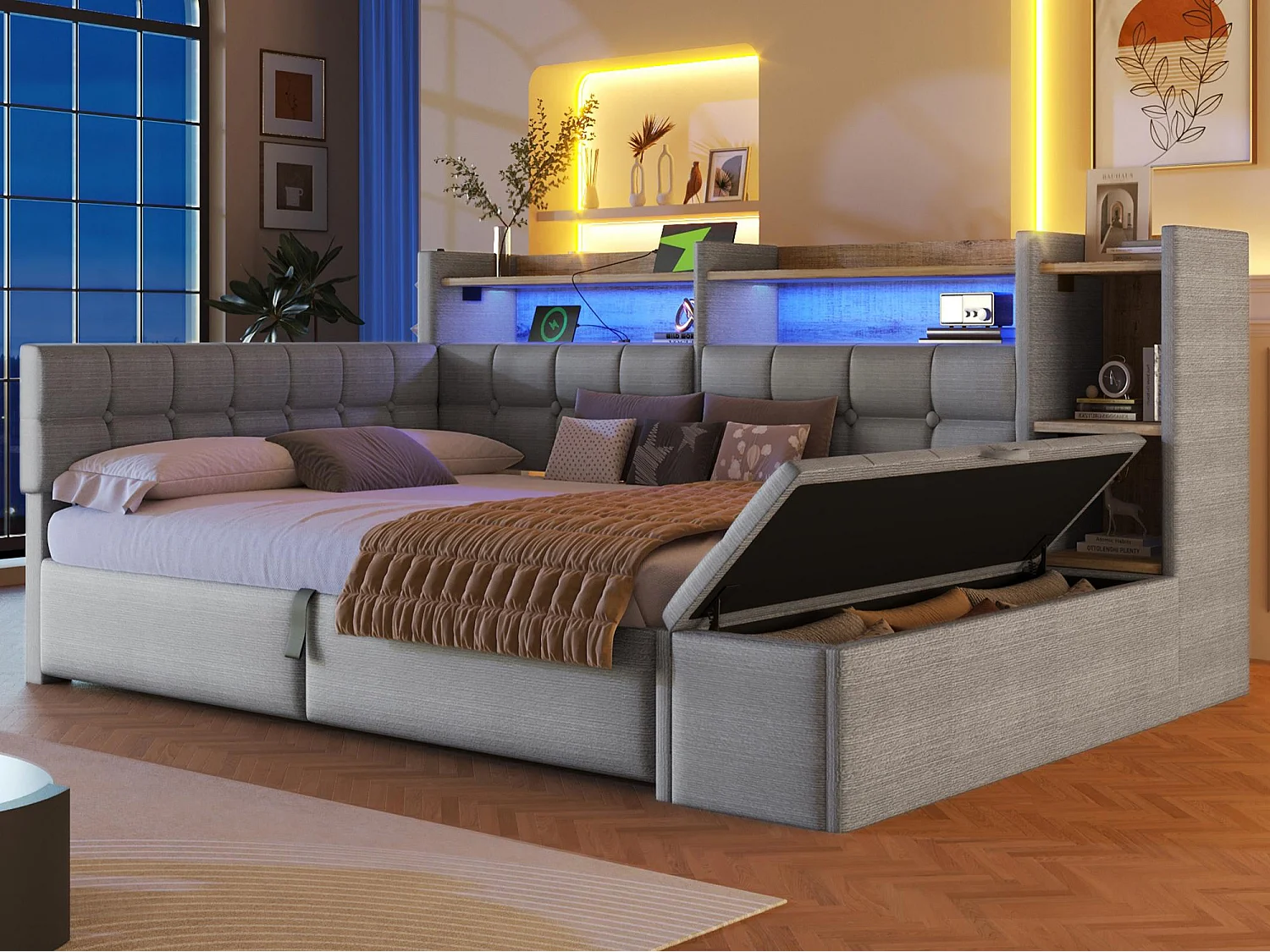 Schlafsofa mit Stauraum 140 × 200 cm - mit USB- + Type-C-Anschlüssen - Aufbewahrungsbank am Fußende des Bettes - mit LED-Lichtstreifen - grau