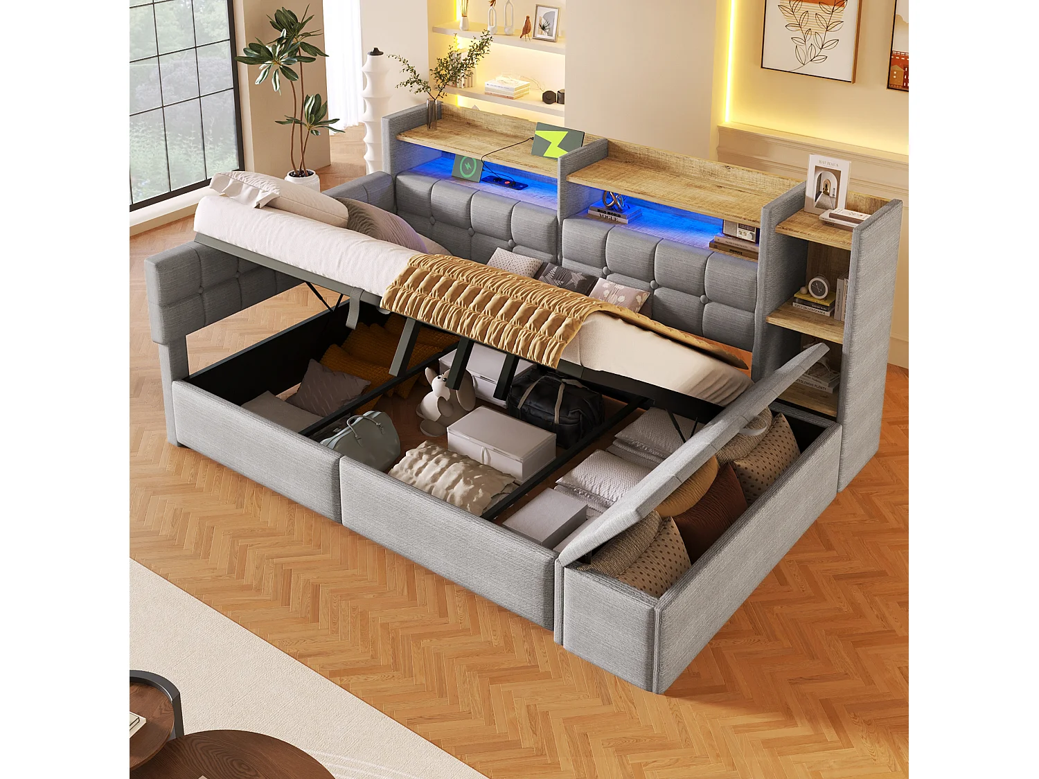 Schlafsofa mit Stauraum 140 × 200 cm - mit USB- + Type-C-Anschlüssen - Aufbewahrungsbank am Fußende des Bettes - mit LED-Lichtstreifen - grau