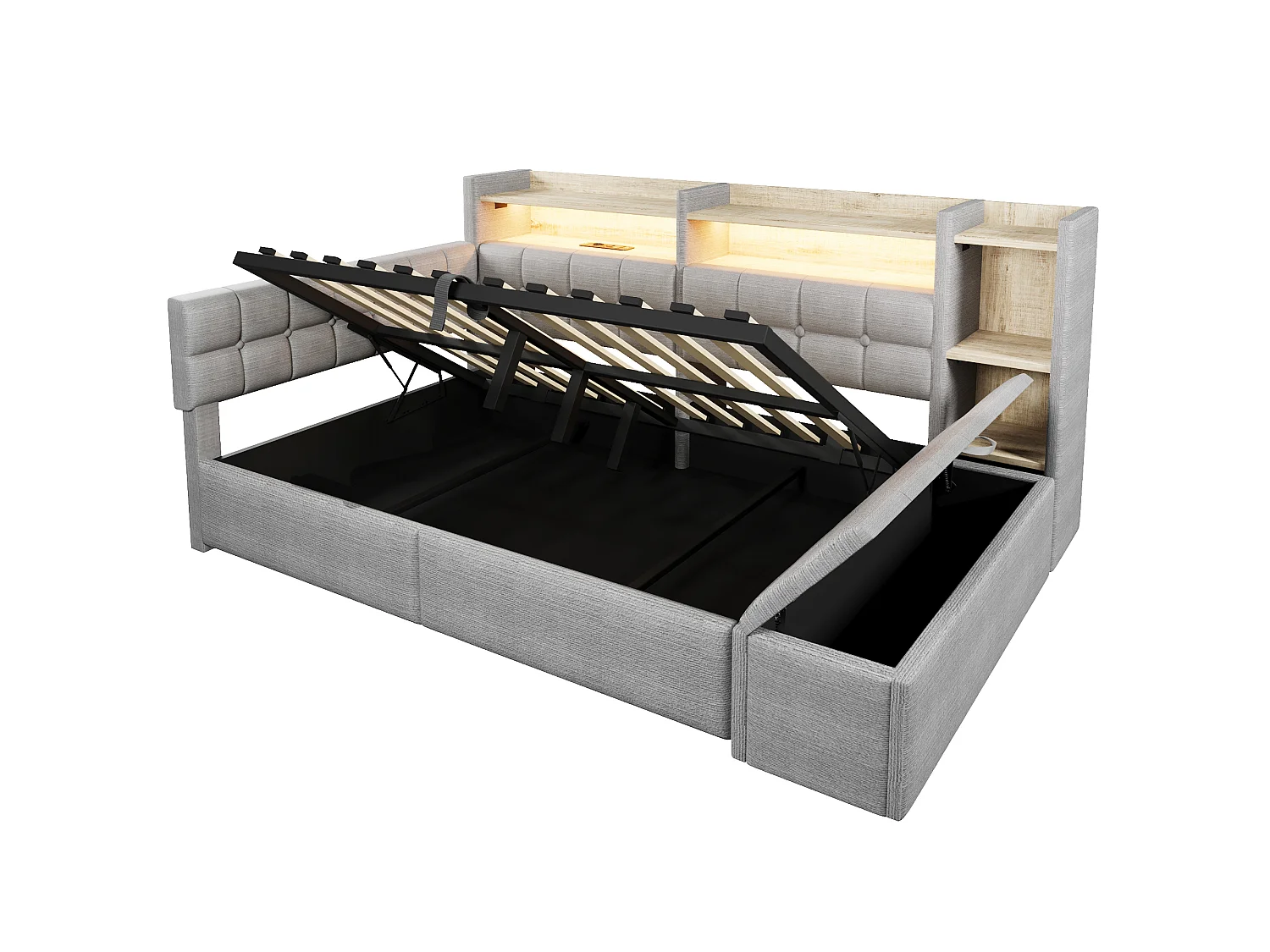 Schlafsofa mit Stauraum 140 × 200 cm - mit USB- + Type-C-Anschlüssen - Aufbewahrungsbank am Fußende des Bettes - mit LED-Lichtstreifen - grau