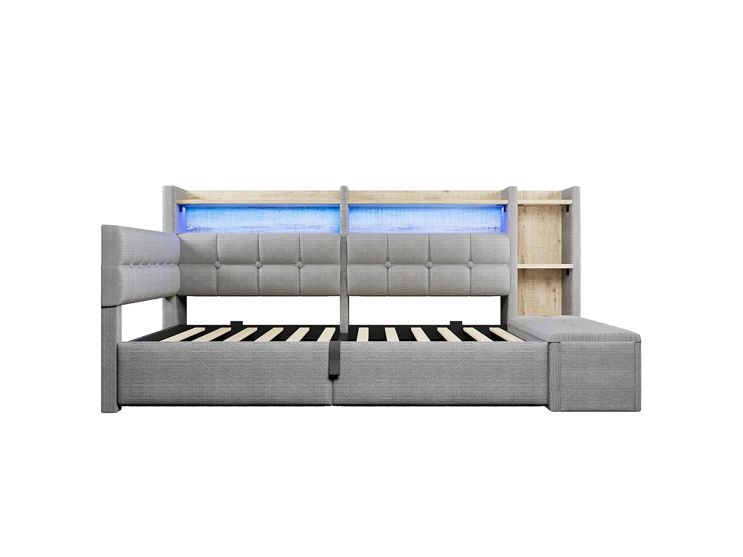 Schlafsofa mit Stauraum 140 × 200 cm - mit USB- + Type-C-Anschlüssen - Aufbewahrungsbank am Fußende des Bettes - mit LED-Lichtstreifen - grau