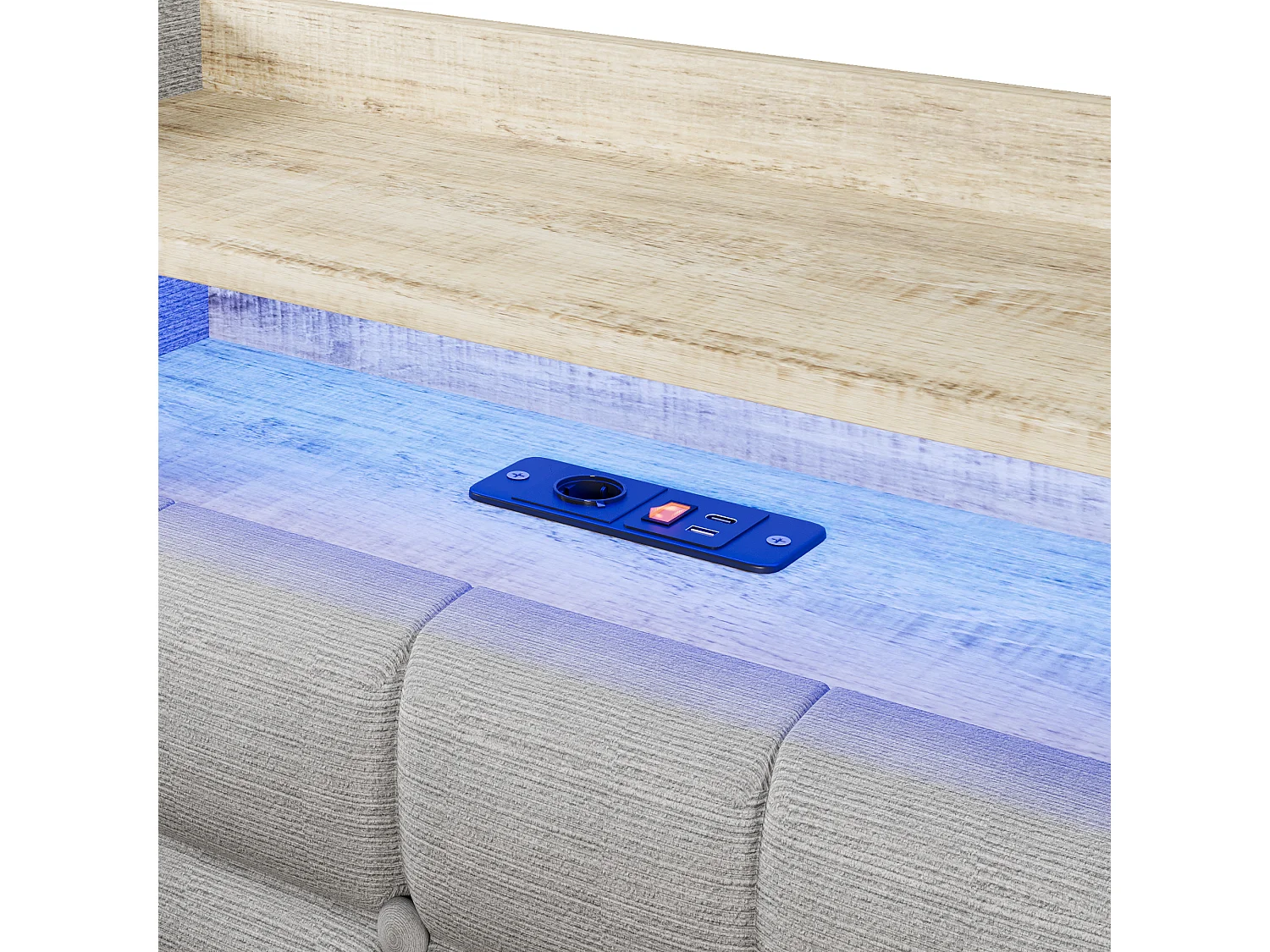 Schlafsofa mit Stauraum 140 × 200 cm - mit USB- + Type-C-Anschlüssen - Aufbewahrungsbank am Fußende des Bettes - mit LED-Lichtstreifen - grau