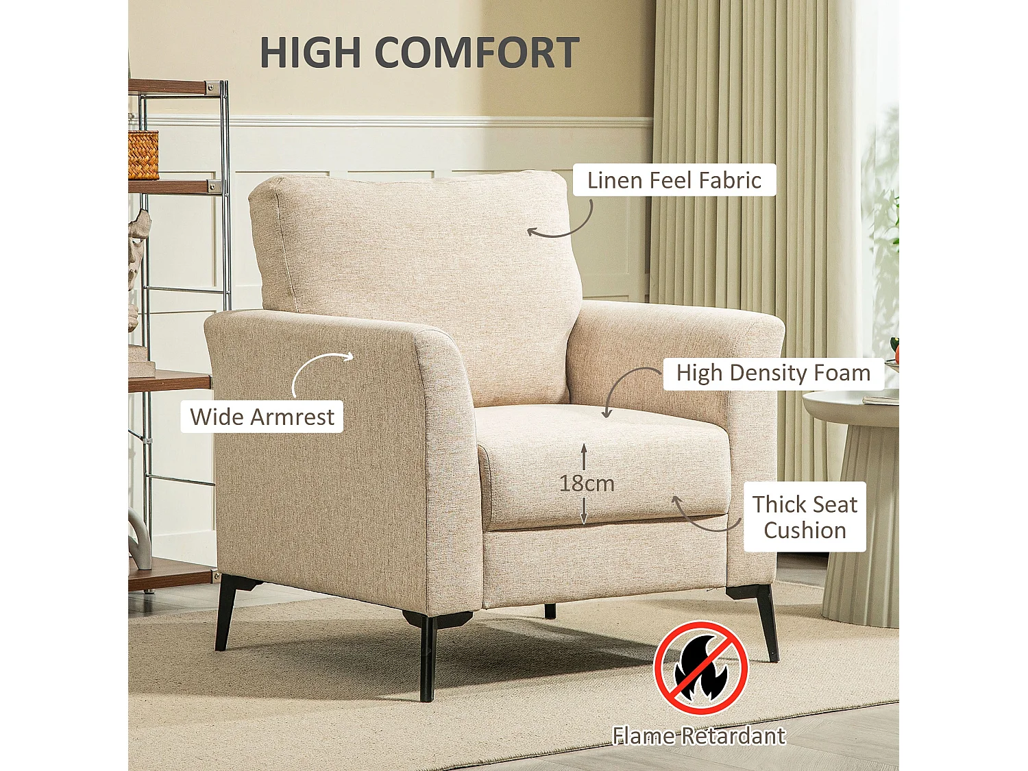 Rapara Linen Look Beige Accent Armchair Black Metal Legs