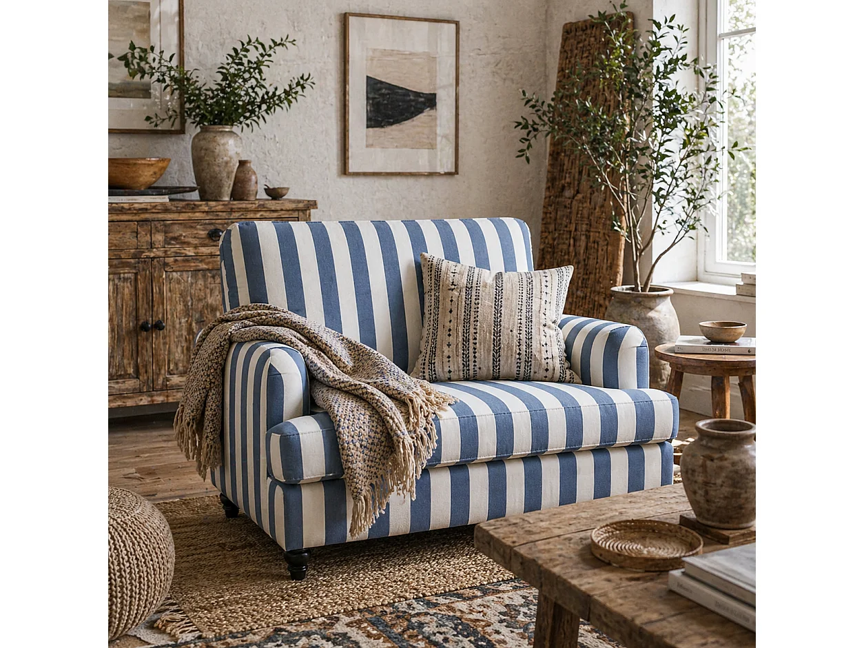 Yosefi Blue and White Velvet Cuddle Chair Extra Large Stripe Accent Sofa