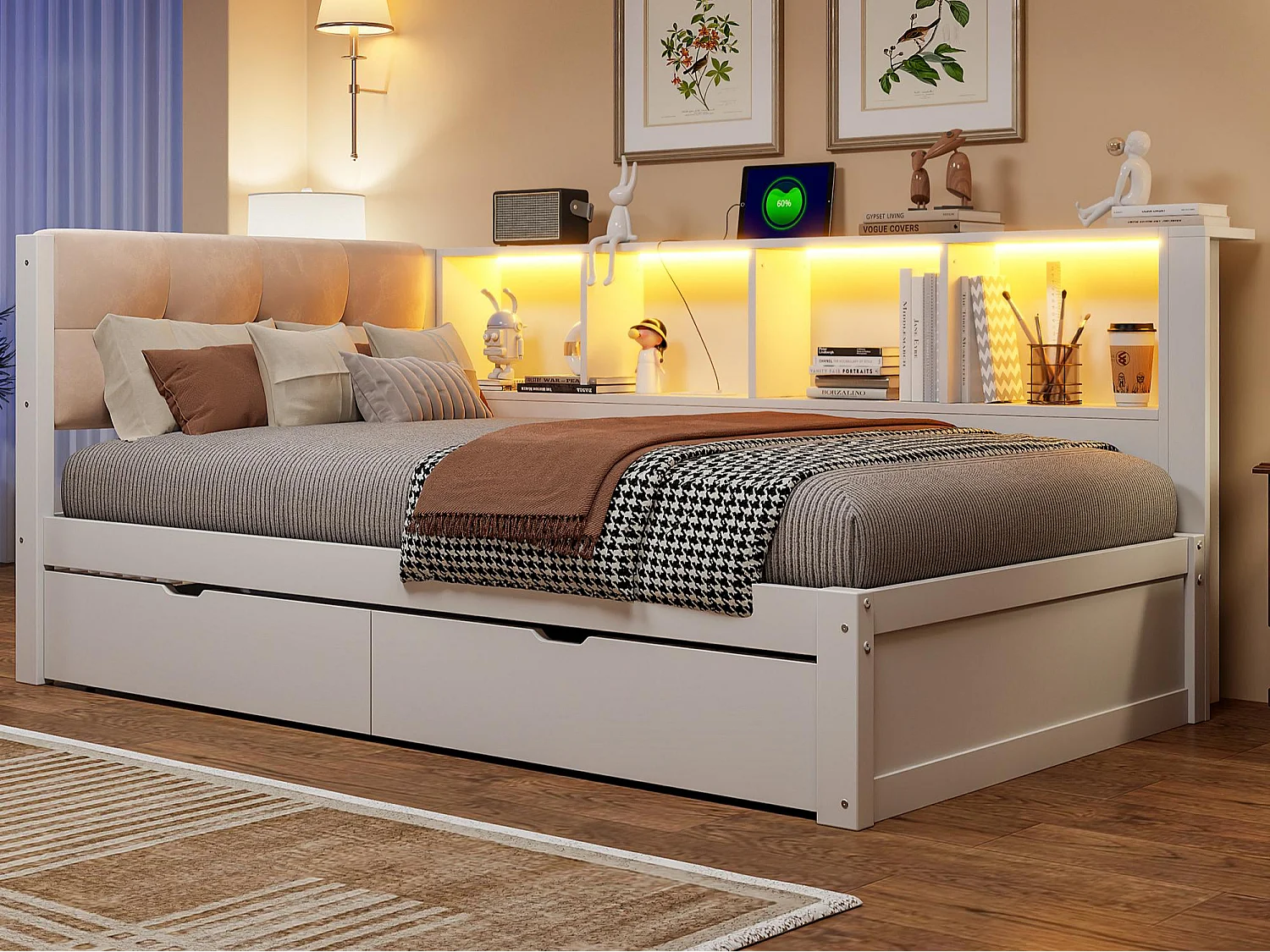 Schlafsofa 90 × 200 cm - mit Schubladen - mit LED-Beleuchtung - mit Regalen - mit USB-Anschluss - Weiß (Matratze nicht enthalten)