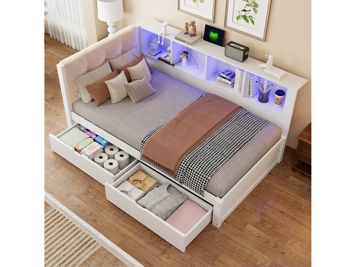 Schlafsofa 90 × 200 cm - mit Schubladen - mit LED-Beleuchtung - mit Regalen - mit USB-Anschluss - Weiß (Matratze nicht enthalten)