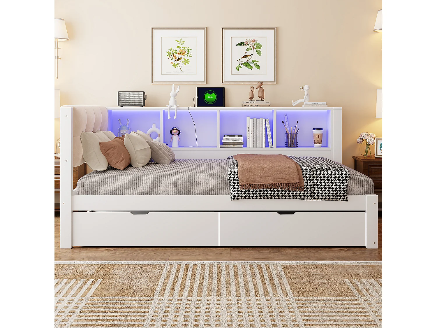 Schlafsofa 90 × 200 cm - mit Schubladen - mit LED-Beleuchtung - mit Regalen - mit USB-Anschluss - Weiß (Matratze nicht enthalten)