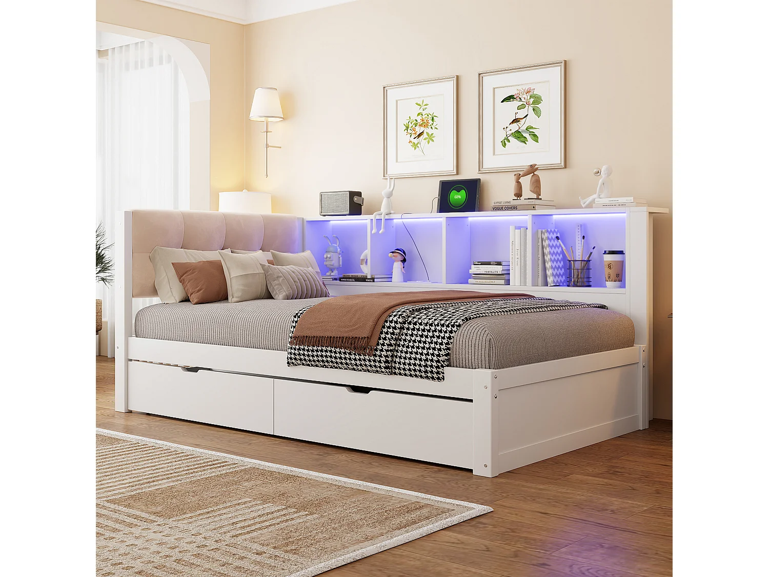Schlafsofa 90 × 200 cm - mit Schubladen - mit LED-Beleuchtung - mit Regalen - mit USB-Anschluss - Weiß (Matratze nicht enthalten)