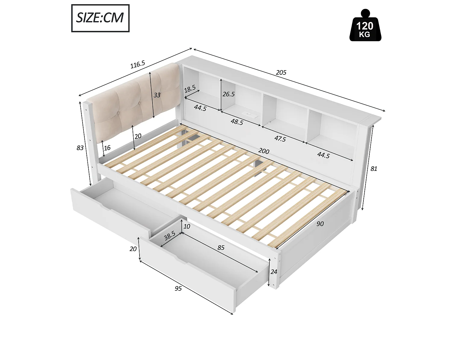 Schlafsofa 90 × 200 cm - mit Schubladen - mit LED-Beleuchtung - mit Regalen - mit USB-Anschluss - Weiß (Matratze nicht enthalten)