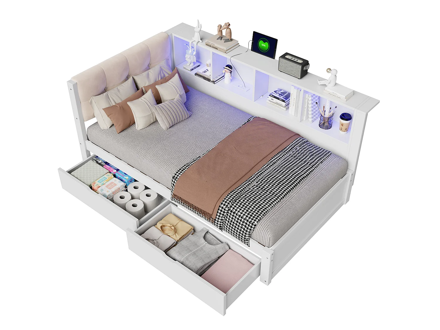 Schlafsofa 90 × 200 cm - mit Schubladen - mit LED-Beleuchtung - mit Regalen - mit USB-Anschluss - Weiß (Matratze nicht enthalten)