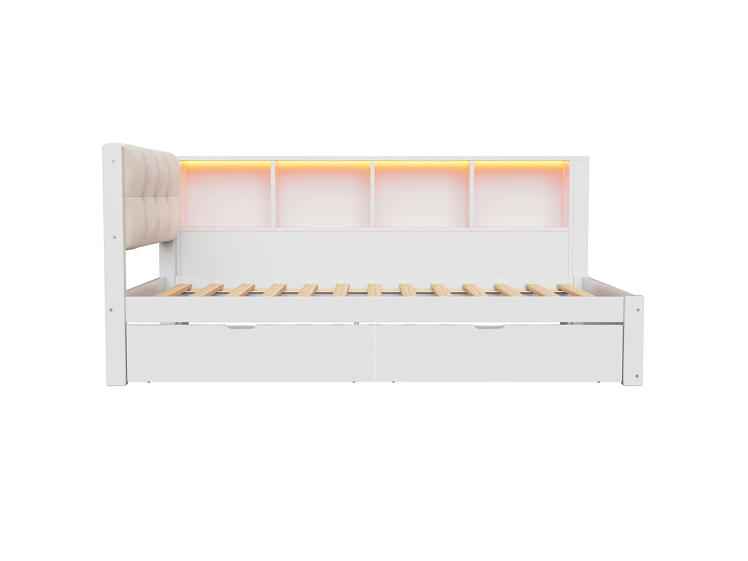 Schlafsofa 90 × 200 cm - mit Schubladen - mit LED-Beleuchtung - mit Regalen - mit USB-Anschluss - Weiß (Matratze nicht enthalten)