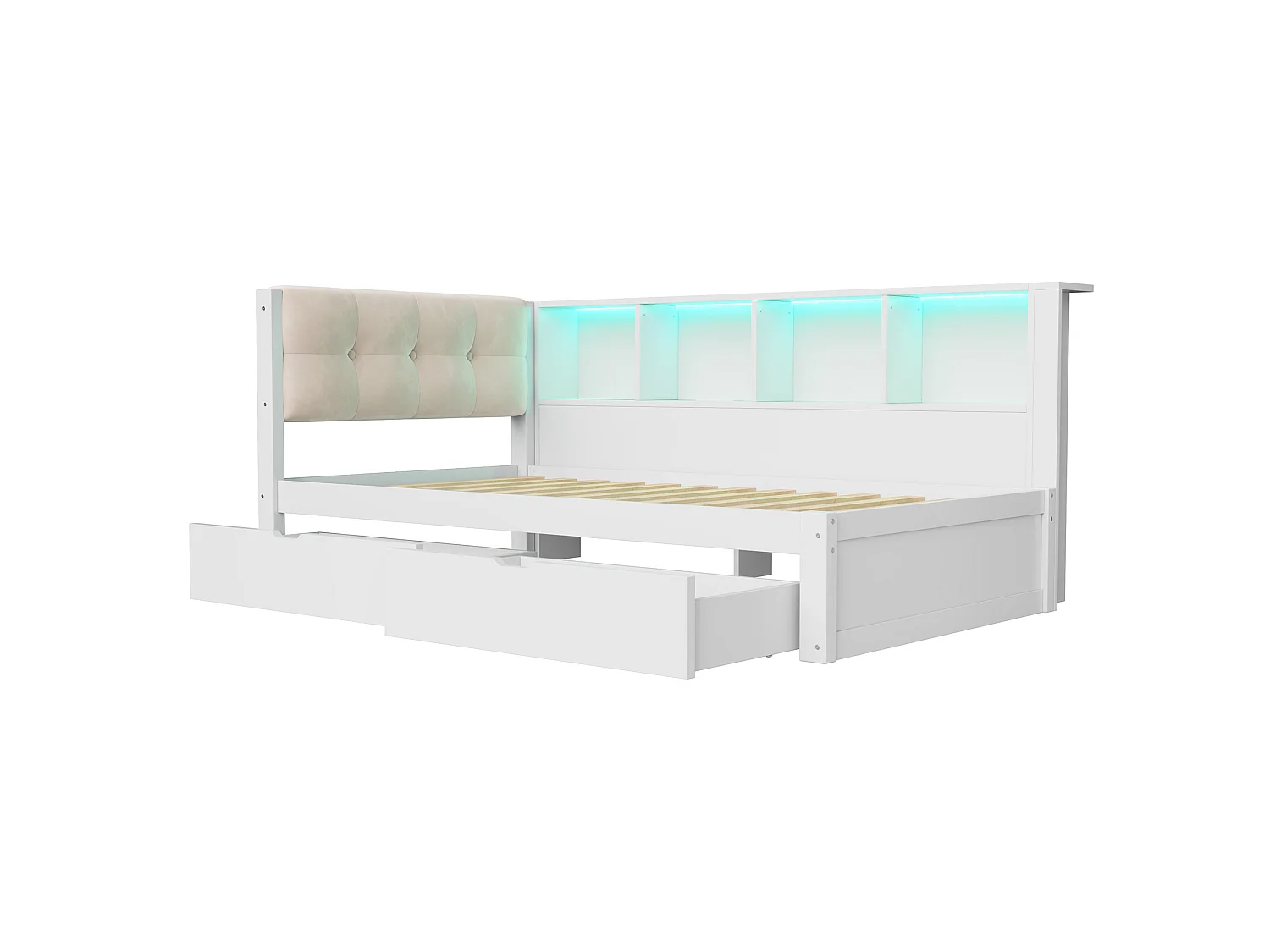 Schlafsofa 90 × 200 cm - mit Schubladen - mit LED-Beleuchtung - mit Regalen - mit USB-Anschluss - Weiß (Matratze nicht enthalten)