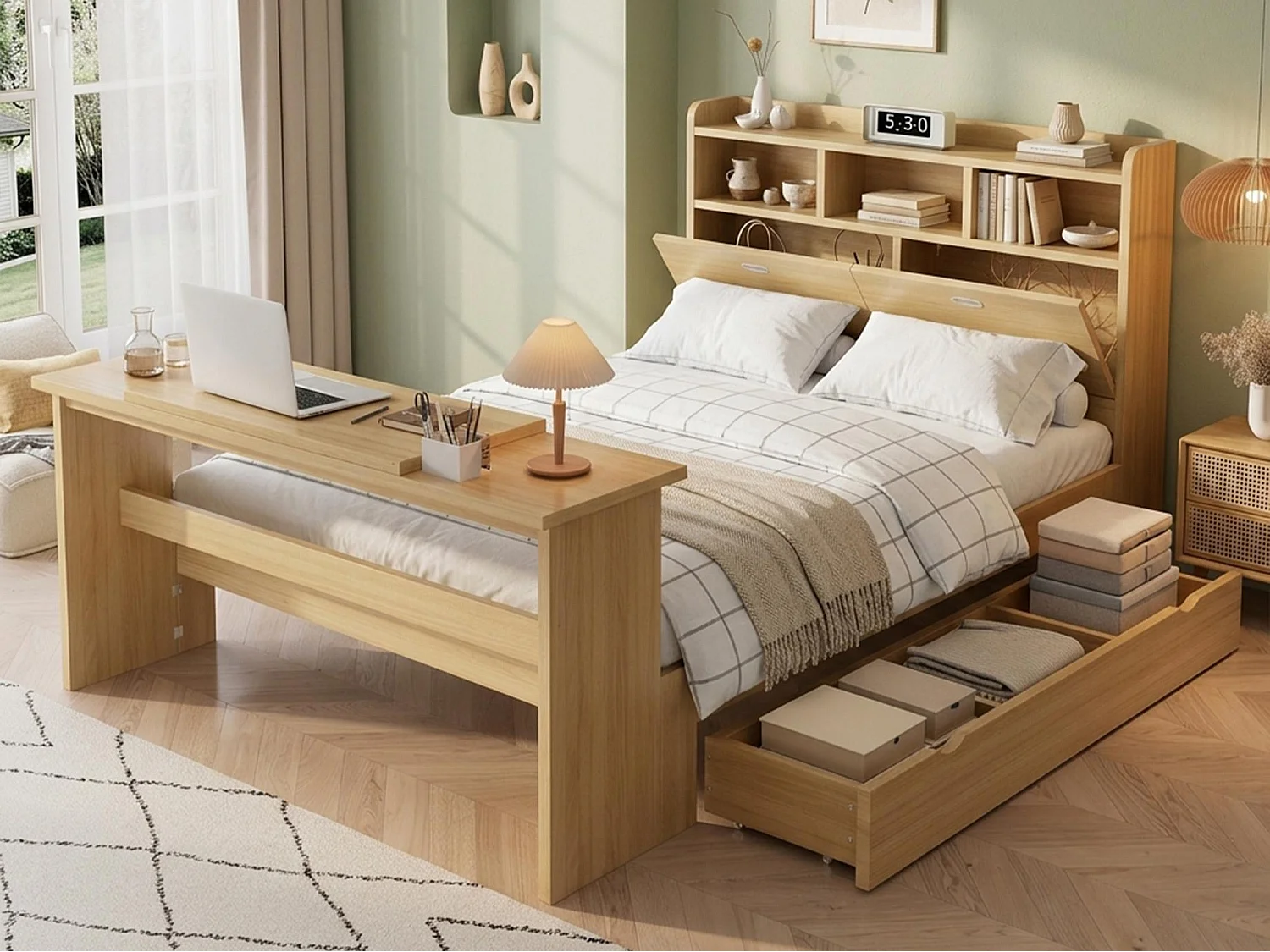 Kinderbed 140 × 200 cm - met verstelbare opklapbare tafel - met opbergruimte en planken - met lade - naturel (zonder matras)