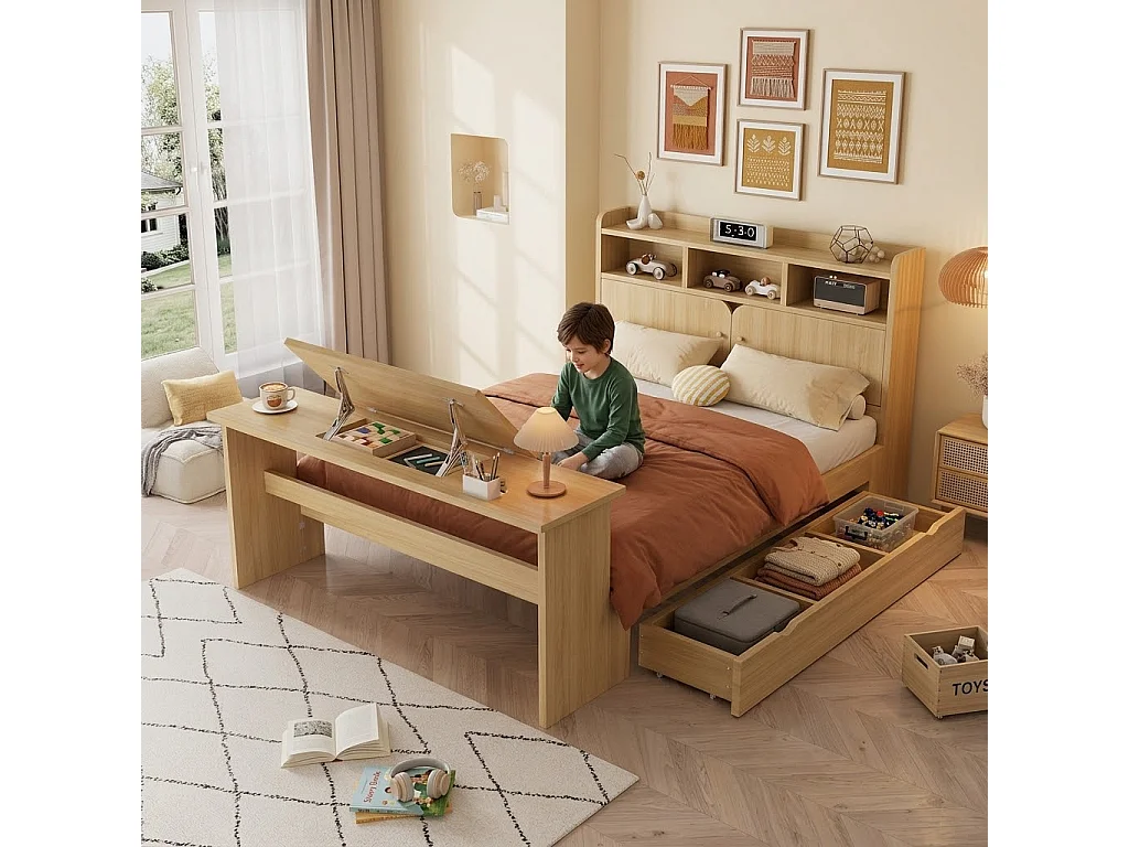 Kinderbed 140 × 200 cm - met verstelbare opklapbare tafel - met opbergruimte en planken - met lade - naturel (zonder matras)