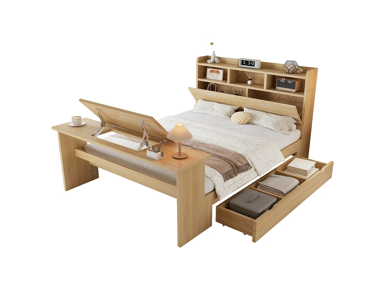 Kinderbed 140 × 200 cm - met verstelbare opklapbare tafel - met opbergruimte en planken - met lade - naturel (zonder matras)