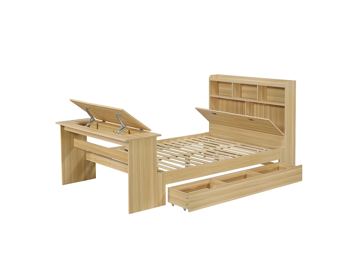 Kinderbed 140 × 200 cm - met verstelbare opklapbare tafel - met opbergruimte en planken - met lade - naturel (zonder matras)
