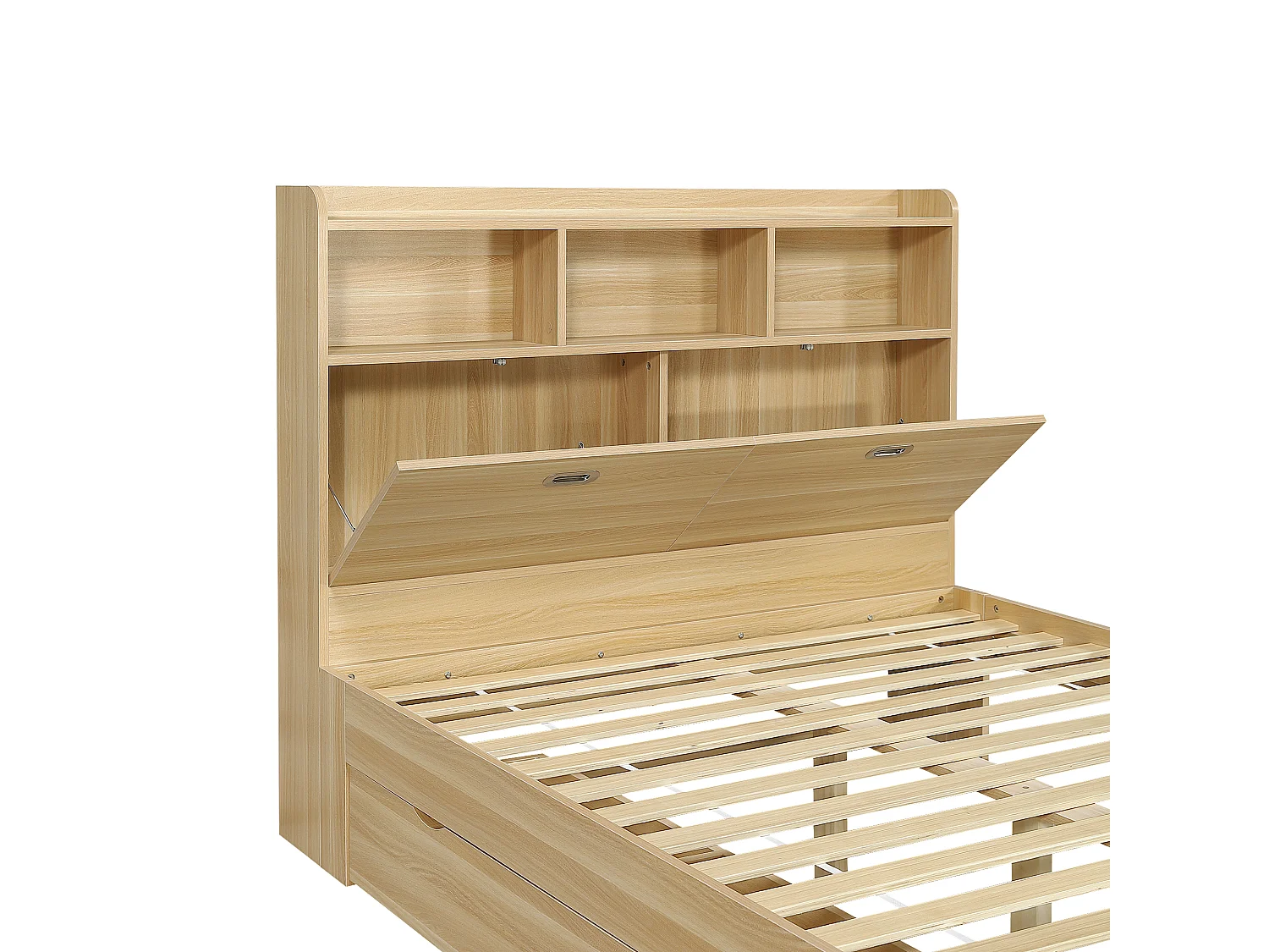 Kinderbed 140 × 200 cm - met verstelbare opklapbare tafel - met opbergruimte en planken - met lade - naturel (zonder matras)