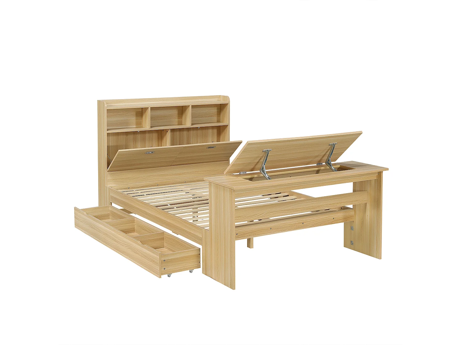 Kinderbed 140 × 200 cm - met verstelbare opklapbare tafel - met opbergruimte en planken - met lade - naturel (zonder matras)
