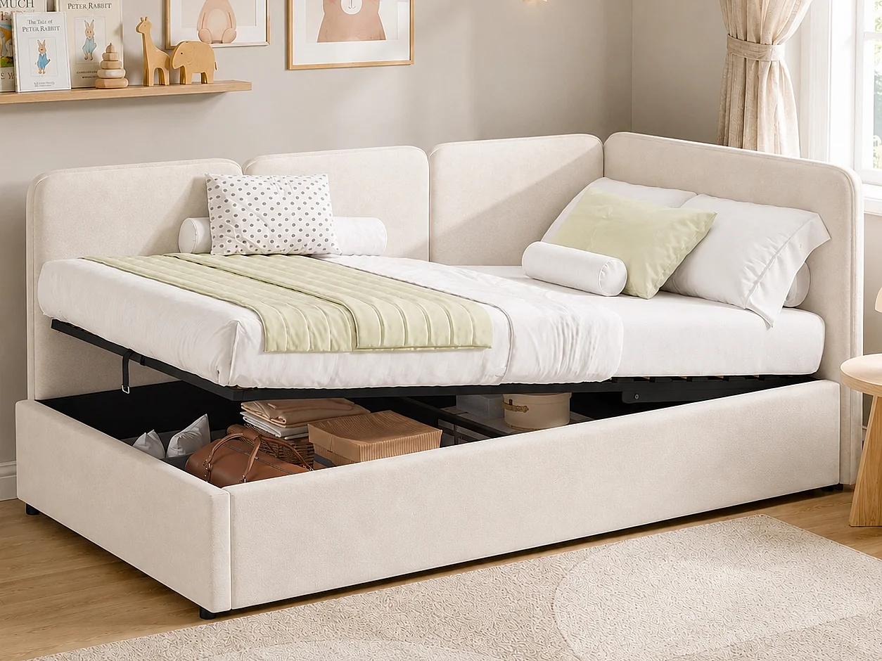 Canapé-lit coffre 90 x 200 cm - Peut être inversé à gauche et à droite - Tissu velours - Beige (Matelas non inclus)