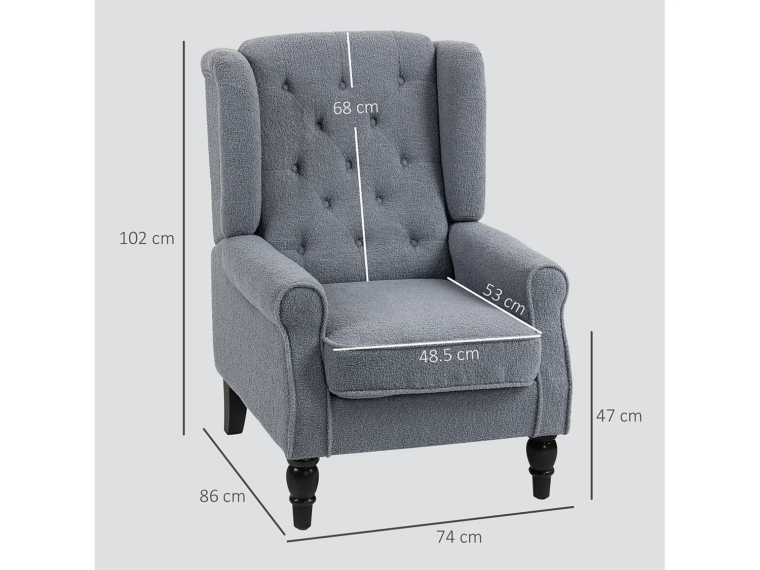 Rovero Grey Teddy Fleece Wingback Armchair Diamond Tufted Retro Accent Chair