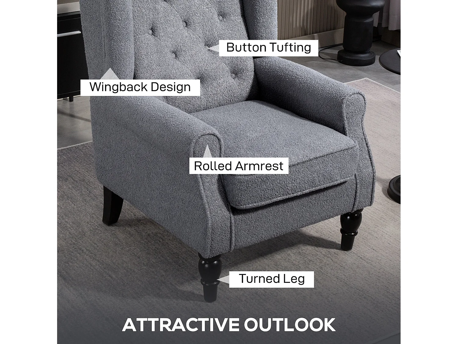 Rovero Grey Teddy Fleece Wingback Armchair Diamond Tufted Retro Accent Chair