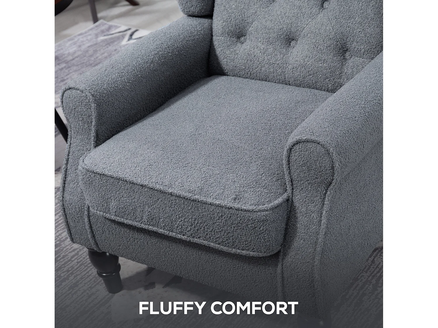 Rovero Grey Teddy Fleece Wingback Armchair Diamond Tufted Retro Accent Chair