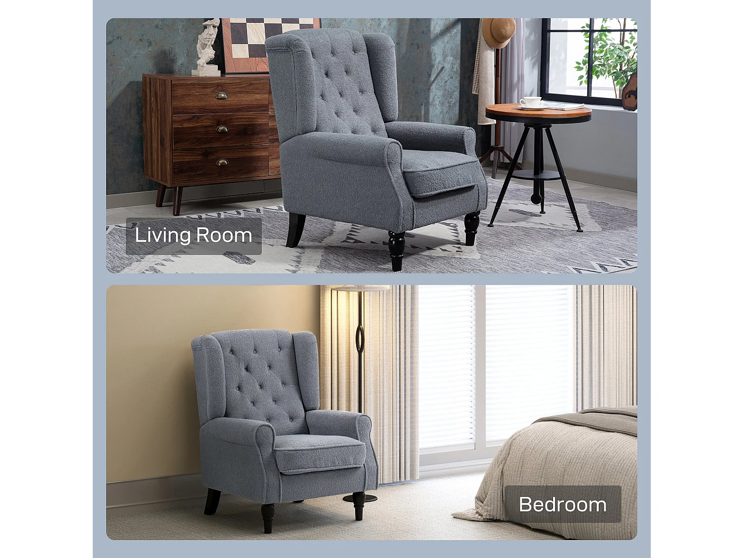 Rovero Grey Teddy Fleece Wingback Armchair Diamond Tufted Retro Accent Chair